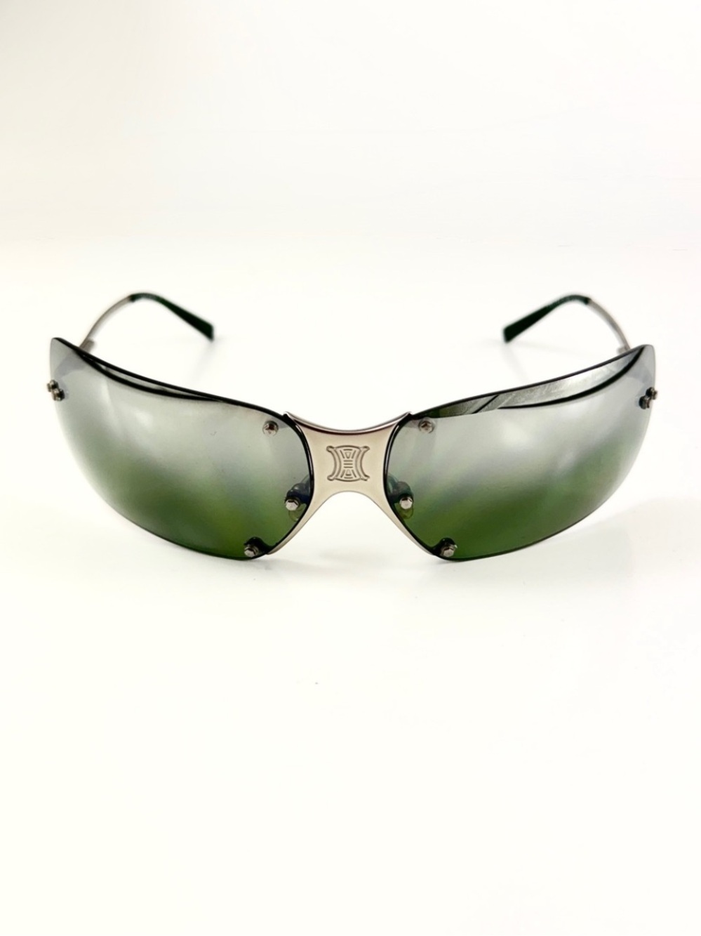Vtg Celine SC1033 Triomphe Shield Wrap Sunglasses Green Lens Full VFC Set Y2K
